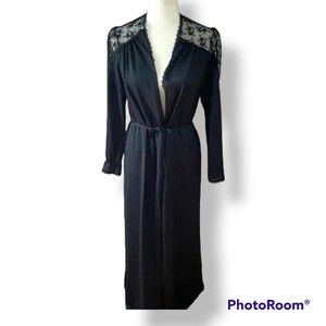 Vintage Paramount New York Black Nylon & Floral Lace Robe - Duster - Sz Lg -